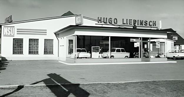 Historisches Bild des Autohauses Liepinsch aus den 1960er Jahren